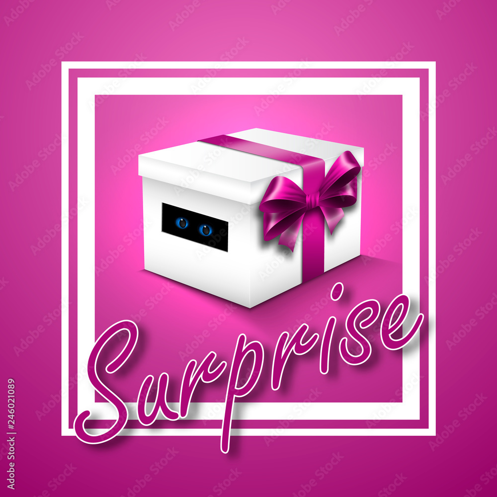 Gift box with a lid, wrapped with a ribbon with a bow. In the slot two pet eyes are visible. Bottom text Gift box with a lid, wrapped with a ribbon with a bow. In the slot two pet eyes are visible. Bottom text