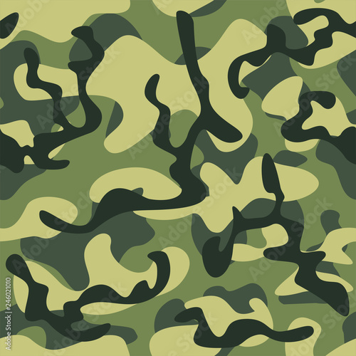Vector illustration of a camouflage background in dark green tones. Seamless pattern. Flat design for fabric of a military uniform.