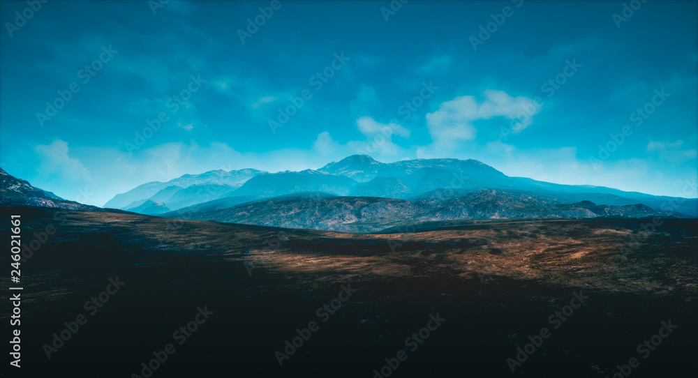warm and cold colored mountains with high contrasted sky