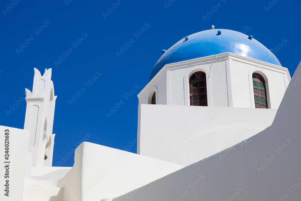 Houses and architecture in white and blue on Santorini, Greece