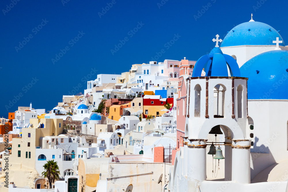 Houses and architecture in white and blue on Santorin Greece