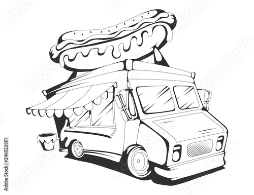 food truck vector drawing, food truck drawing sketch with hot dog on the roof, food truck in black and white, vector graphics to design