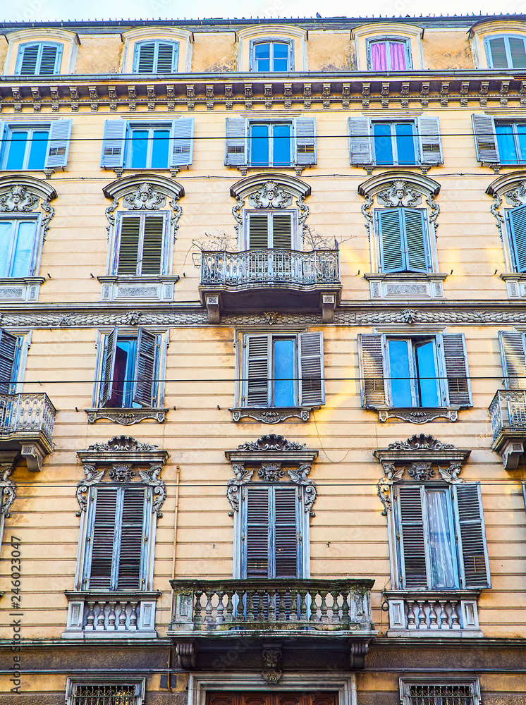 Neoclassical facade of a typical European building. Turin, Italy.