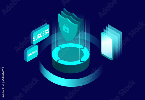 Online shop, money or data transfer isometric design. Cryptocurrency, bitcoin, internet banking neon financial vector illustration