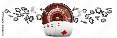 Playing cards and poker chips fly casino wide banner. Casino roulette concept on white background. Poker casino vector illustration. Realistic Casino design. Gambling poker template.