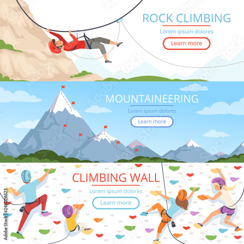 Mountain climbing pictures. Rope carabiner helmet rockie hills people extreme sport vector banners template with place for text. Illustration of mountain climbing sport, mountaineer extreme adventure