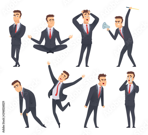 Businessman emotions. Angry kind sweet smiling happy satisfied different faces and poses of office managers vector characters. Illustration of businessman character angry and happy