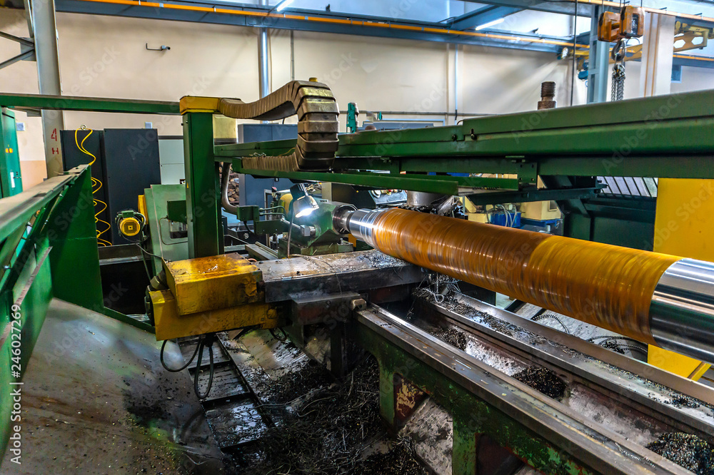 The shaft is made on a lathe, wide-angle close-up photo from the inside.