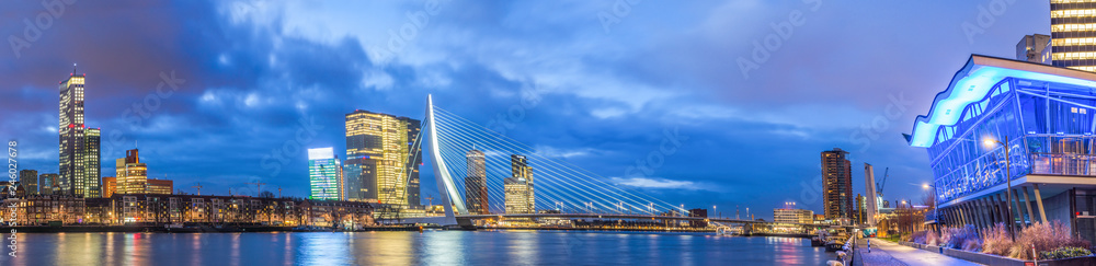 High Resolution Panorama of Rotterdam with Erasmus Bridge, Skyscrapers, River Meuse