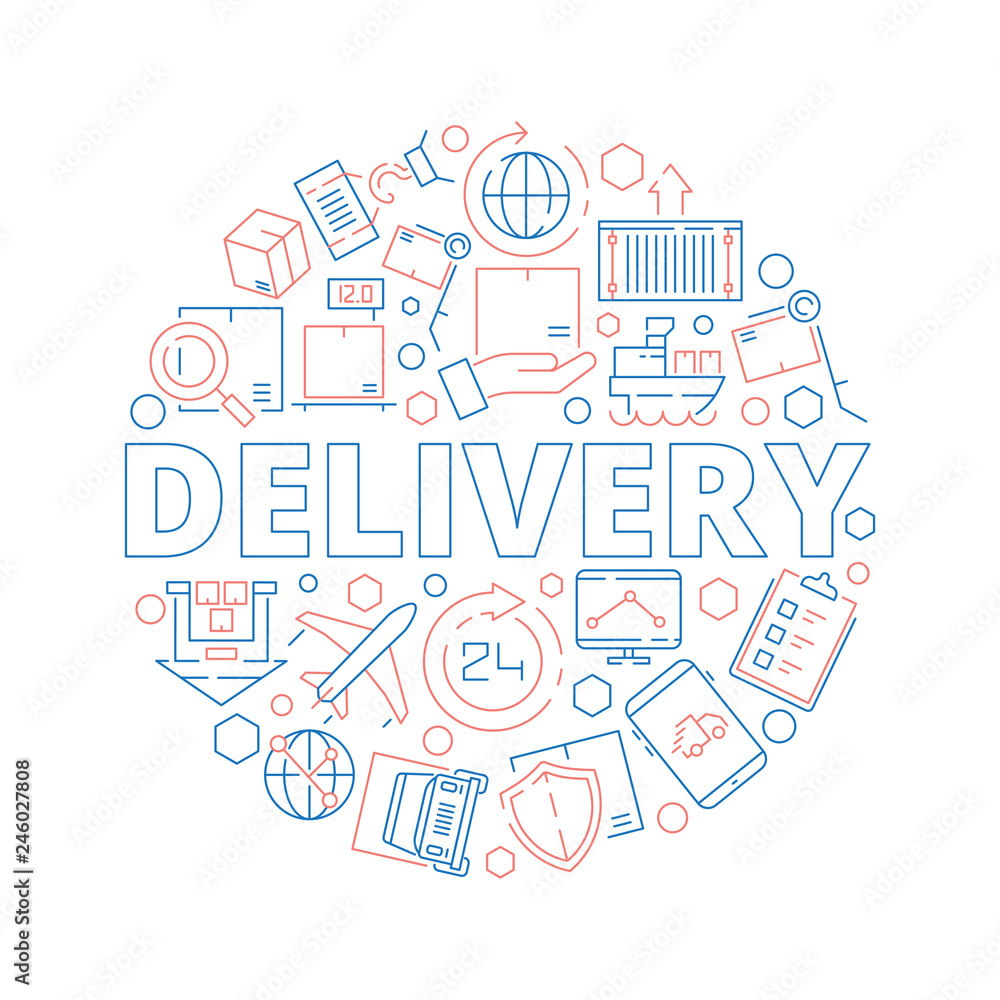 Logistic supplies. Delivery service items binding in circle shape package transport survey warehouse vector concept picture. Illustration of delivery container, service transportation and shipping