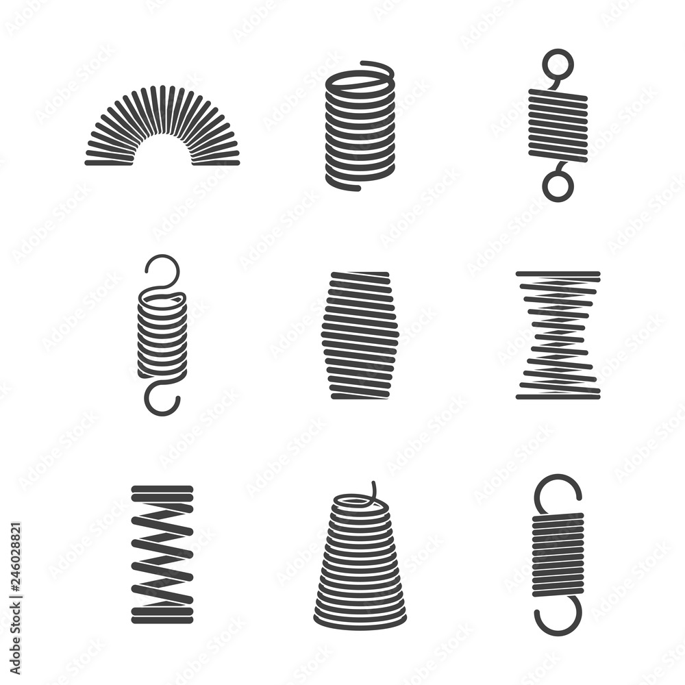Metal flexible spiral. Suspension steel wire coils vector icon