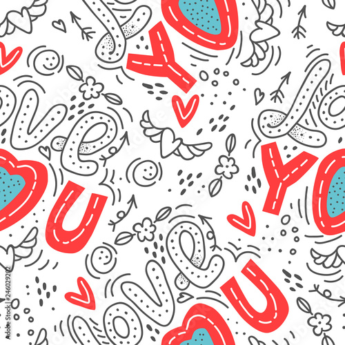 Seamless vector background with hearts, arrows, ringlets, flowers, love.  illustration for fabric, scrapbooking paper and other. 
