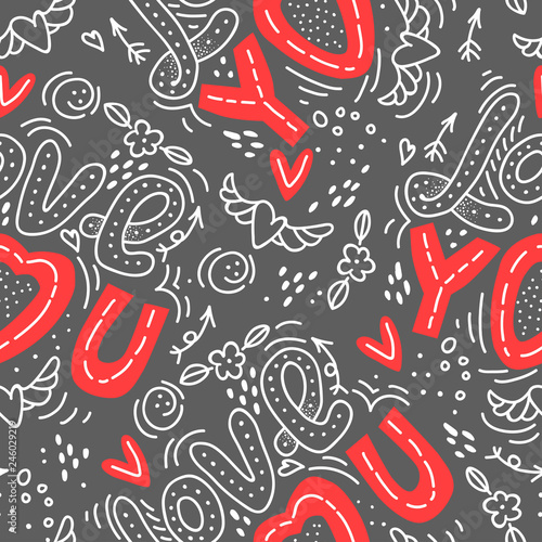 Seamless vector background with hearts, arrows, ringlets, flowers, love.  illustration for fabric, scrapbooking paper and other. 
