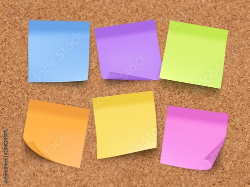 Sticky empty notes. Corkwood board on wall with memo colored papers with pin and clips vector realistic template. Memo note on cork wood illustration