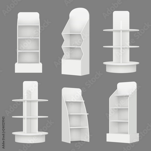 Empty shelving stands. Merchandising market retail display racks in supermarket vector realistic illustration. Shelf blank for shop retail, supermarket stand