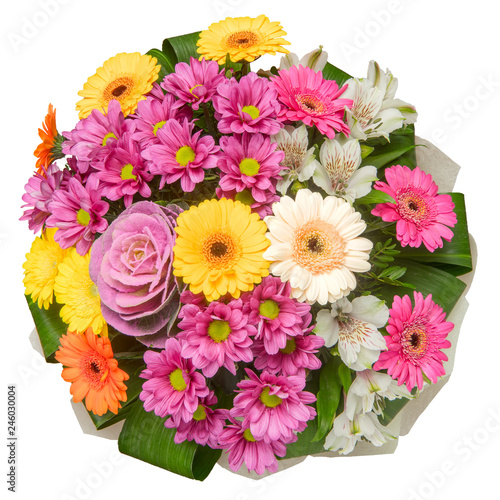 Colorful flower bouquet with chrysanthemums  gerbera daisies and ornamental cabbage isolated on white background