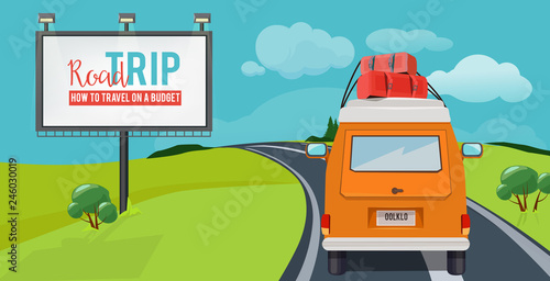 Road trip. Adventure concept with vacation travel driving car on highway vector urban landscape cartoon. Illustration of trip road, journey and adventure travel photo