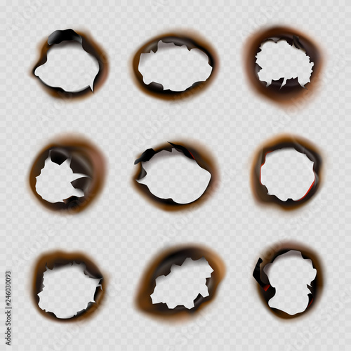 Burned holes paper. Grunge designs of fire damaged circles shapes vector pictures. Fire burn paper hole, burnt damage illustration