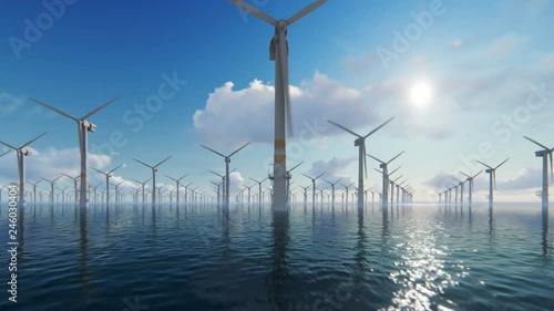Offshore windmills against beautiful sky, flight oversea, 4K