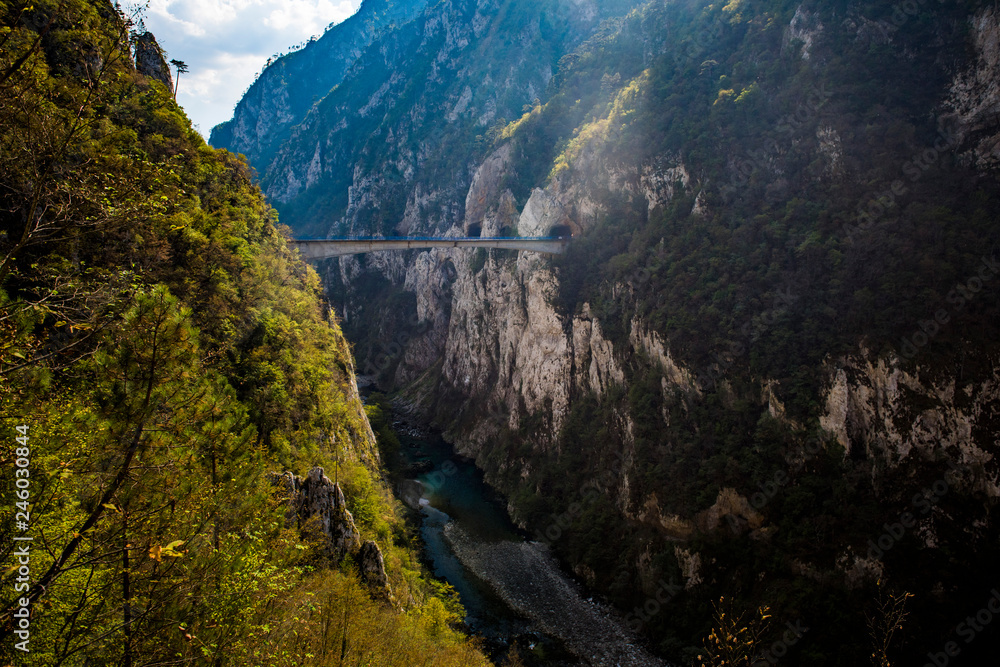 Bridge in Tara River Canyon Gorge, Durmitor National Park, Montenegro Bridge in Tara River Canyon Gorge, Durmitor National Park, Montenegro