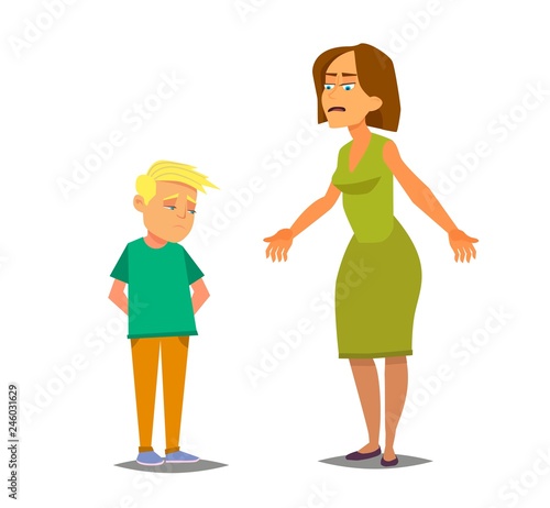 Angry mother wags finger at guilty sonTeacher berate unhappy schoolboy. Upset mom reprimand sad kid. Flat vector character illustration