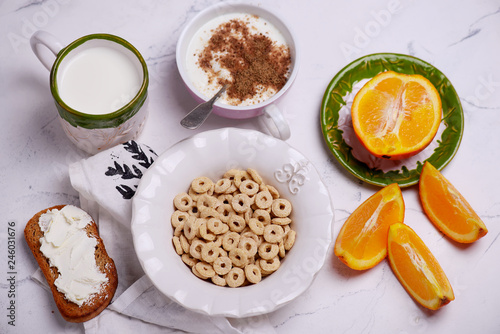 Breakfast cereal with jogurt. style vintage.