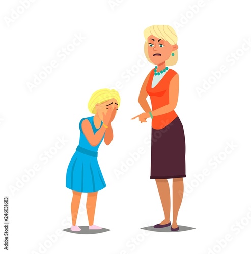 Mother reprimanding disobedient child. Kid crying rubbing eyes with hands.