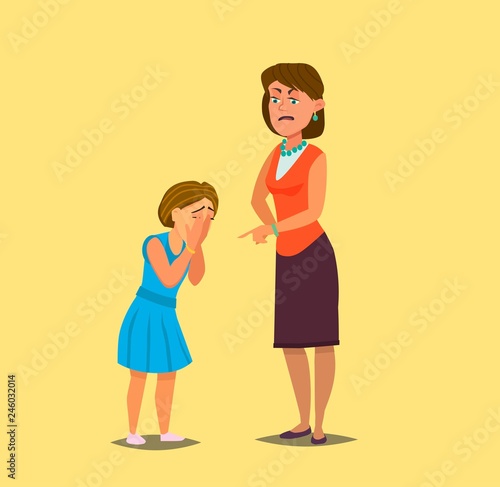 Mother reprimanding disobedient child. Kid crying rubbing eyes with hands.