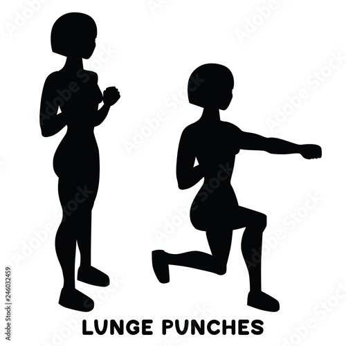 Lunges. Lunge punches. Sport exersice. Silhouettes of woman doing exercise. Workout, training.