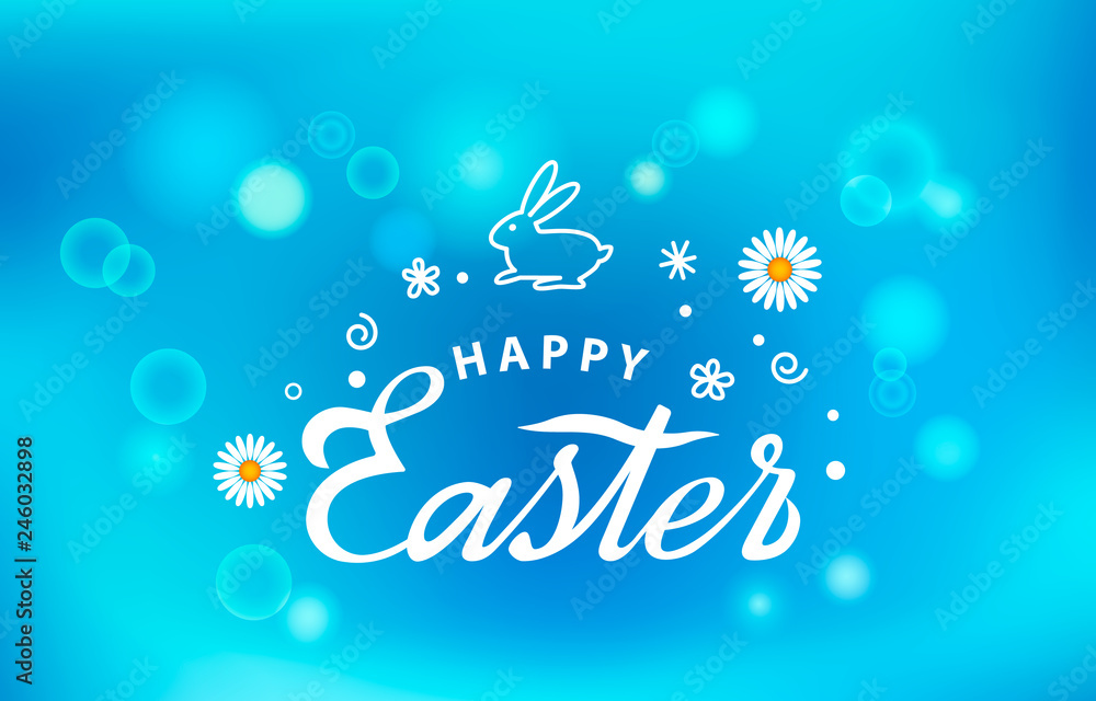 Bright greeting card with the inscription Happy Easter and Easter bunny with the logo. Retro lettering on the background of blurred gradient background