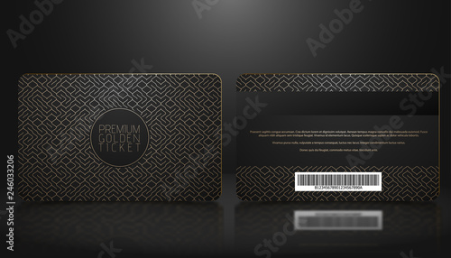 Vector template of membership or loyalty black VIP card with luxury golden geometric pattern. Front and back design presentation. Premium member, gift plastic card.