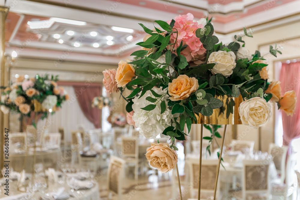 Banquet hall decorated with flowers