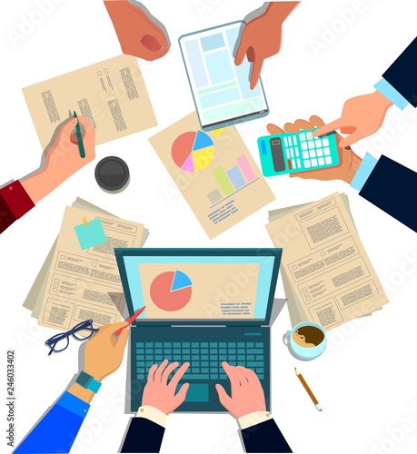 Concept design of business teamwork, meeting and planning people sitting at the office table, top view. Marketing, hr, accounting department collaboration.