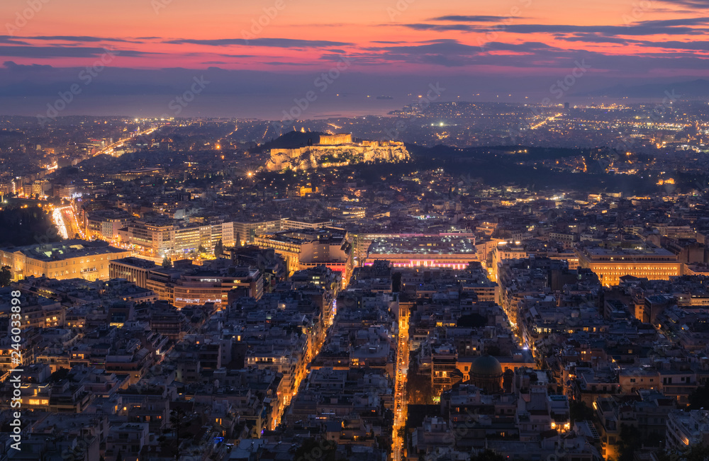 Aerial view of the Acropolis and city of Athens seen at dawn from Lycabettus hill after the sunset, Greece