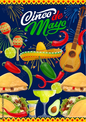 Cinco de Mayo guitar, sombrero, fiesta party food