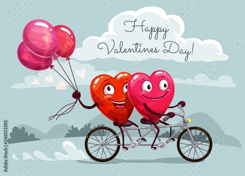 Valentines Day hearts riding bicycle with balloons