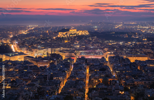 Obraz na płótnie Aerial view of the Acropolis and city of Athens seen at dawn from Lycabettus hill after the sunset, Greece w salonie
