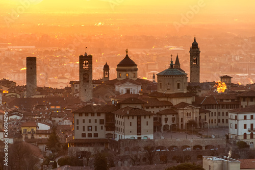 Beautiful medieval town at sunrise morning with main sights of Bergamo Lombardy from Castello di San Vigilio, Italy