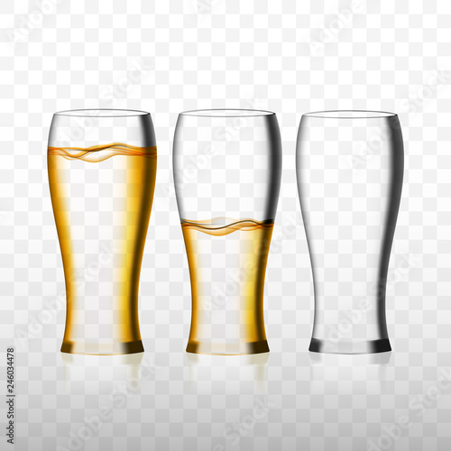 Empty and full beer glass for drinking alcohol beverage