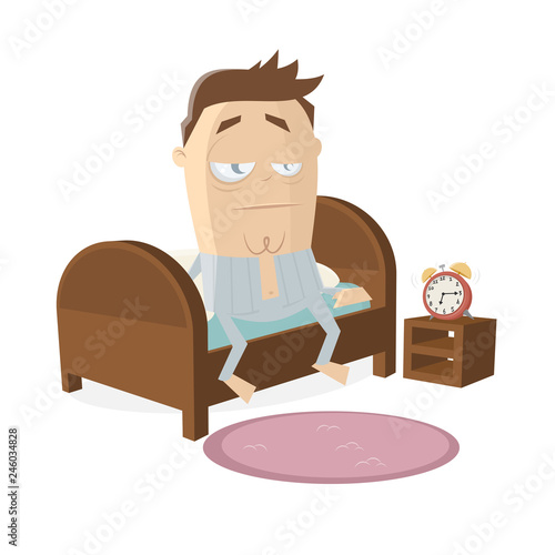 tired cartoon man getting up from the bed