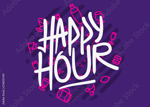 Happy Hour Label Sign Logo Hand Drawn Brush Lettering Calligraphy Type Design Vector Graphic