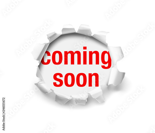 Realistic hole in paper with coming soon text. Vector illustration element ready for your design. Layered file, easy to use on different backgrounds. EPS10.	