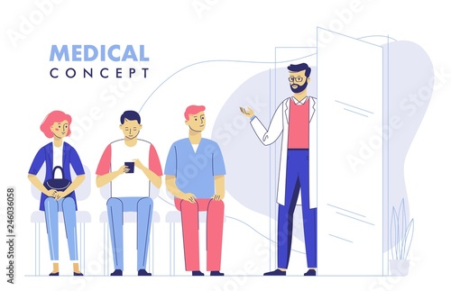 Medicine concept with doctor and patients on hospital hall background. Young doctor man and queue of people in hospital reception. Consultation and medical diagnosis. Vector illustration