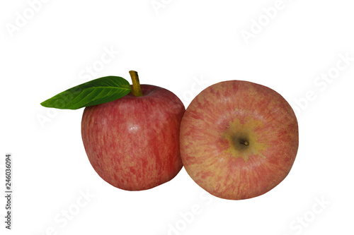 Fresh apple with green leaves on white isolated background