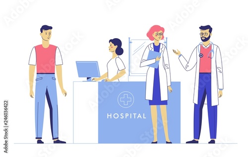Medicine concept with doctors and patient on hospital hall background. Young doctors man and women in reception hospital. Consultation and medical diagnosis for illness people. Medical staff