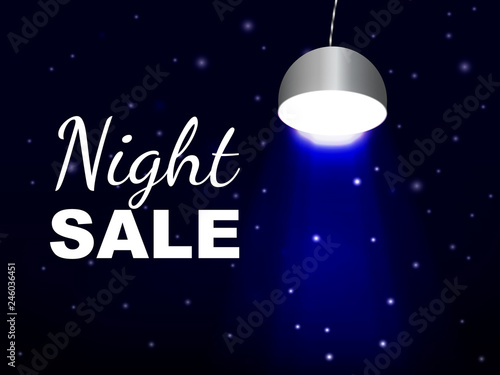 Street light with ray of light. Night sale lettering. Vector illustration.