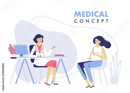 Medicine concept with doctor and pregnant woman. Practitioner doctor and young pregnant girl patient in hospital medical office. Consultation and diagnosis.