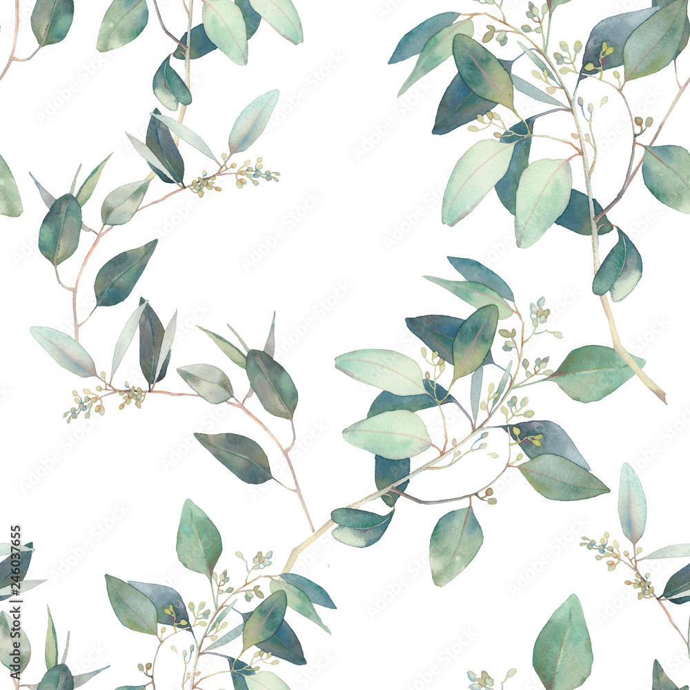 Watercolor eucalyptus branches ornament. Hand painted floral repeating wallpaper design