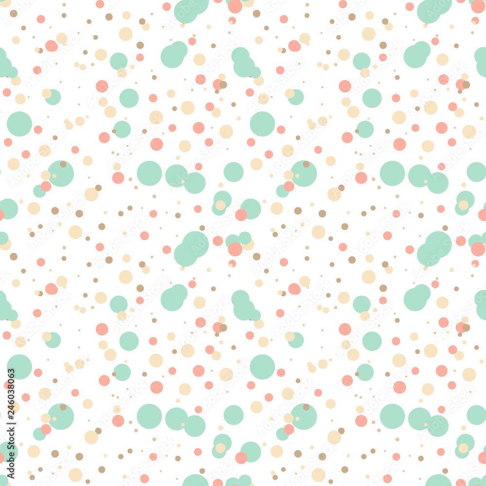 Festive seamless pattern with colorful round paint splatters. Messy overlay circles on white background. Dotted texture. Chaotic grunge dot. Geometric wrapping paper. Vector illustration.