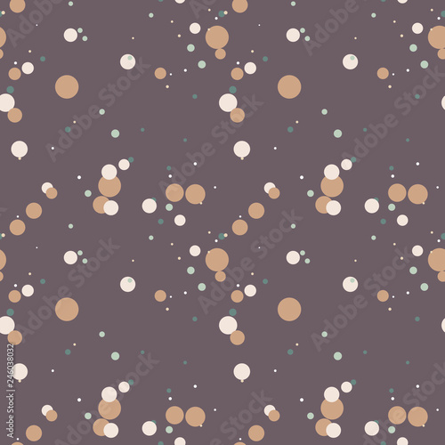 Messy circles of different sizes on dark violet background. Grunge seamless pattern with round shapes  dots. Colorful dotted texture. Geometric wrapping paper. Vector illustration.